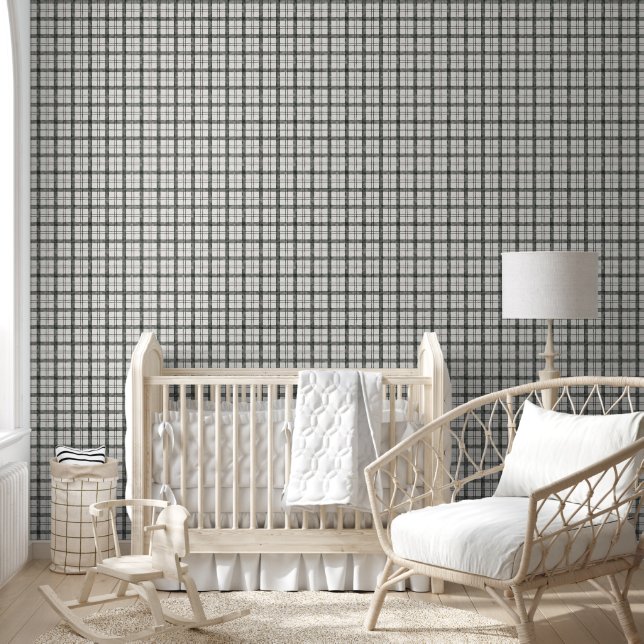 Plaid Black and White Distressed Medium Decor Wallpaper (Kids)