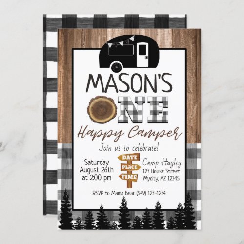 Plaid black and white One Happy Camper Boy Camping Invitation