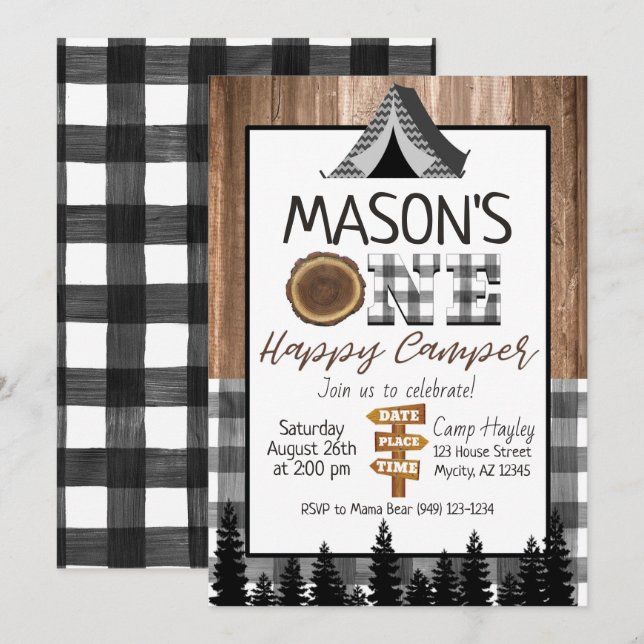 Plaid black and white One Happy Camper Boy Camping Invitation (Front/Back)