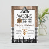 Plaid black and white One Happy Camper Boy Camping Invitation (Standing Front)