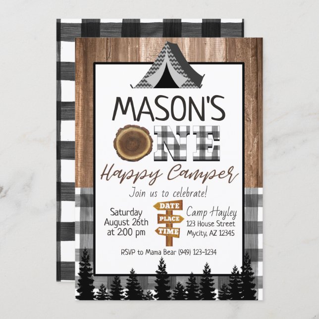 Plaid black and white One Happy Camper Boy Camping Invitation (Front/Back)