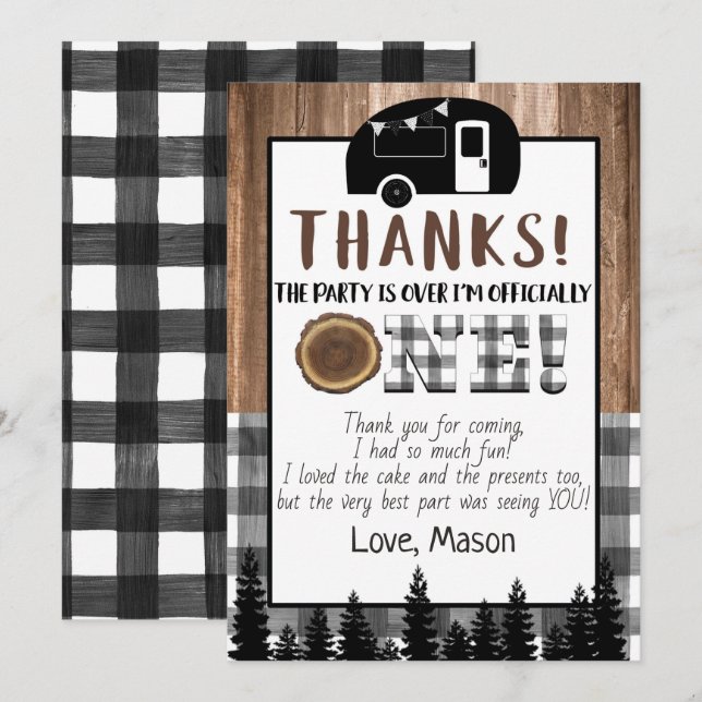 Plaid black and white One Happy Camper Thank You Invitation (Front/Back)
