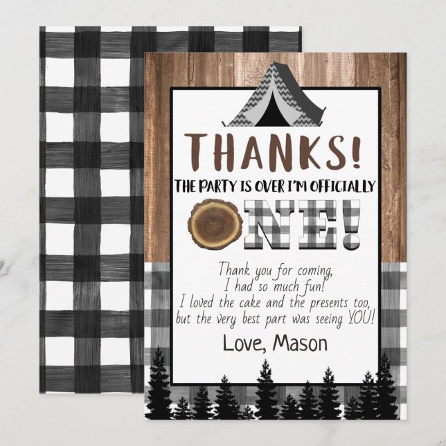 Plaid black and white One Happy Camper Thank You Invitation (Front/Back)