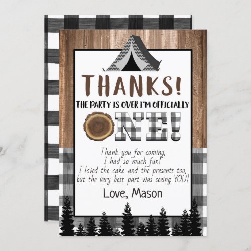 Plaid black and white One Happy Camper Thank You Invitation