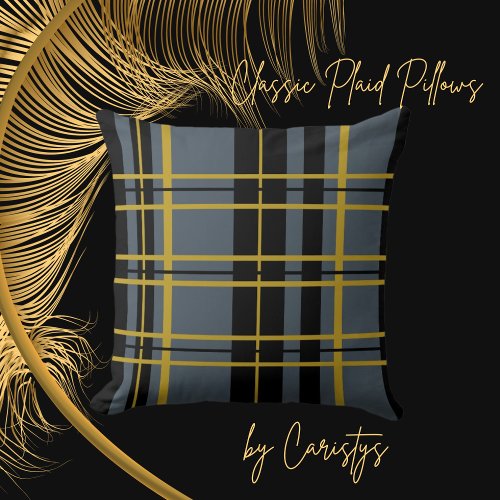 Plaid Black Gold Gray Striped  Throw Pillow