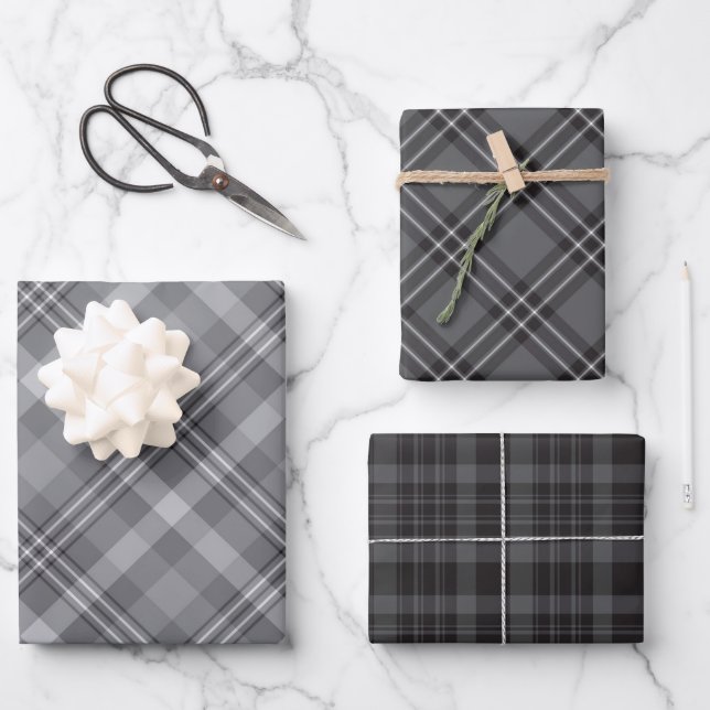 Plaid Black White and Gray  Wrapping Paper Sheets (Front)