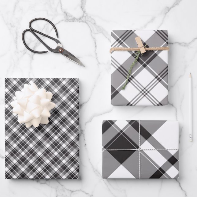  Plaid Black White and Gray Wrapping Paper Sheets (Front)