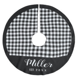 Plaid Black & White Holiday Name + Year Christmas Brushed Polyester Tree Skirt