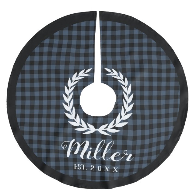 Plaid Blue Holiday Name + Year Christmas Brushed Polyester Tree Skirt (Front)