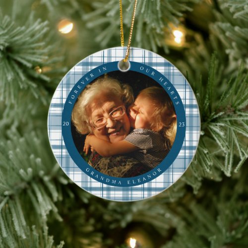 Plaid Blue Memorial Two Photo Ceramic Ornament