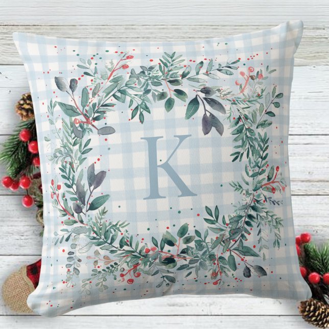 Plaid Blue Monogram Greenery  Christmas Wreath Throw Pillow (Creator Uploaded)
