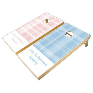 Plaid Blue Pink Family Name Cornhole Set