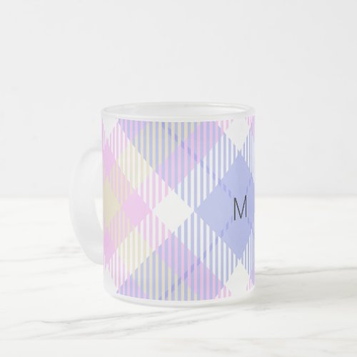 Plaid Blue Pink Yellow Frosted Glass Coffee Mug