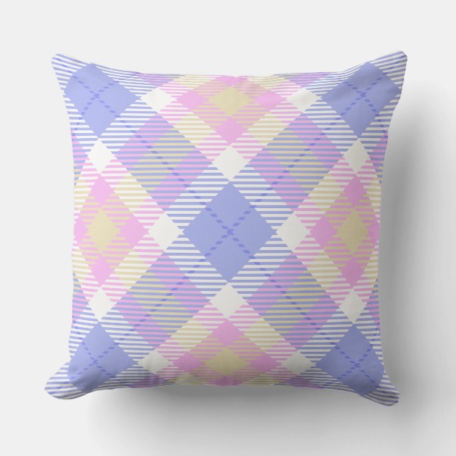 Plaid Blue Pink Yellow Throw Pillow (Front)