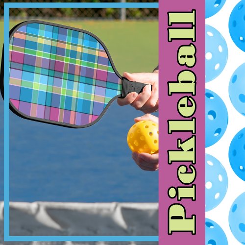 Plaid Blue Purple Green Yellow Turquoise Madras Pickleball Paddle