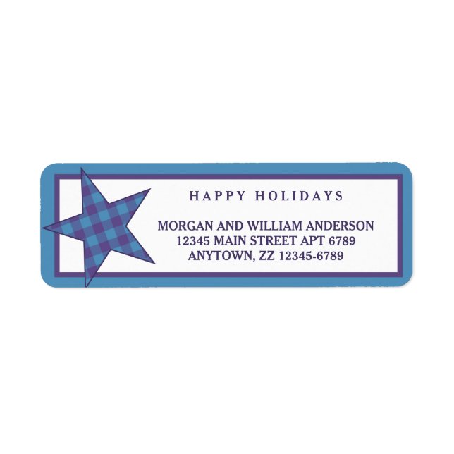 Plaid Blue Purple Modern Rustic Star Stylish Label (Front)