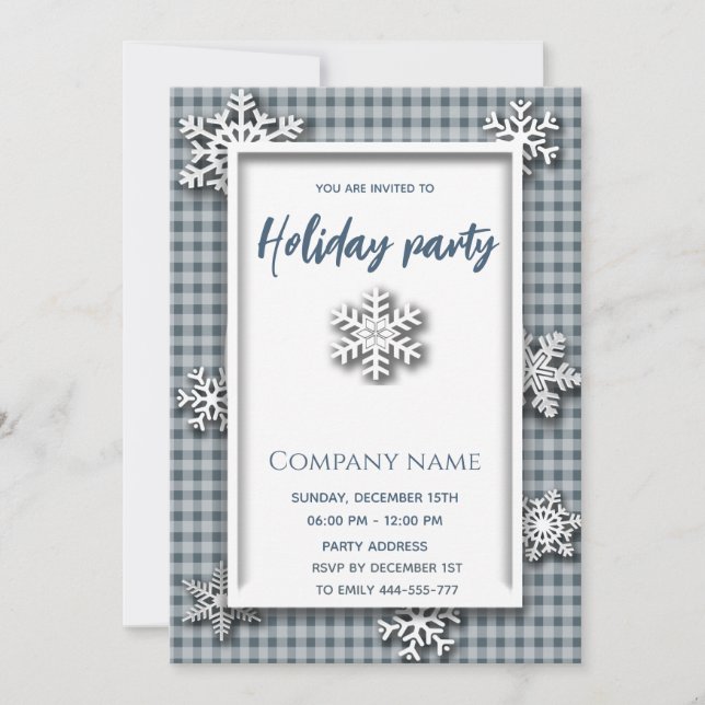 Plaid blue snowflake holiday party corporate  invitation (Front)