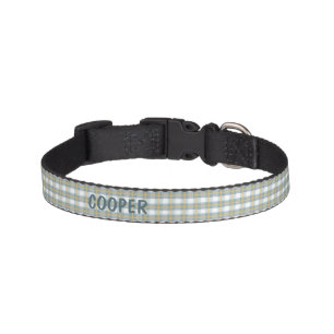 Plaid Blue White Yellow - Dog Collar with Name