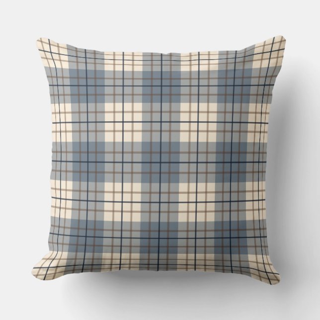 Plaid Blues Brown Cream Throw Pillow (Front)