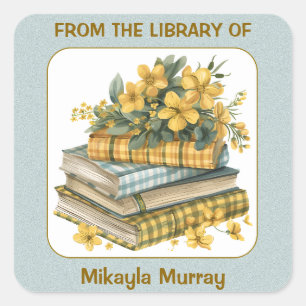 Plaid Books and Yellow Flowers Bookplate