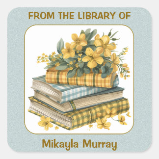 Plaid Books and Yellow Flowers Bookplate