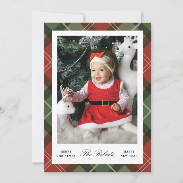 Plaid Border Christmas and New Year Photo Card (Front)