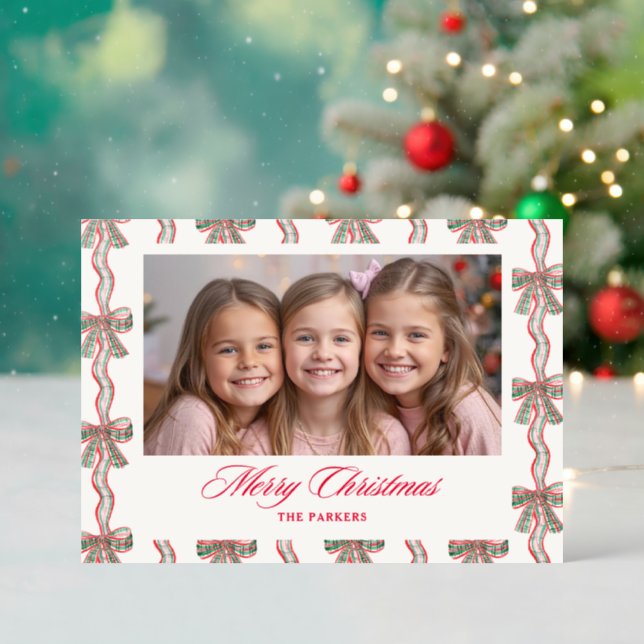 Plaid Bow Pattern Christmas Letterpress Photo Cards (Front (Into))