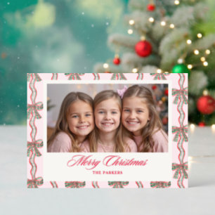 Plaid Bow Soft Pink Christmas Letterpress Photo Cards