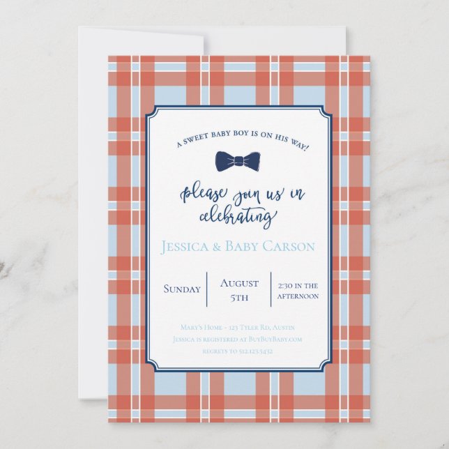 Plaid Bow Tie Baby Boy Shower Invitation (Front)