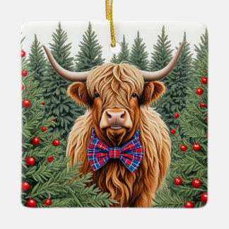 Plaid Bow Tie Highland Cow Christmas Ornament – Fe