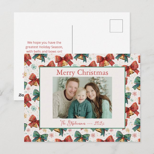 Plaid Bows Bells Photo Christmas Postcard (Front/Back)