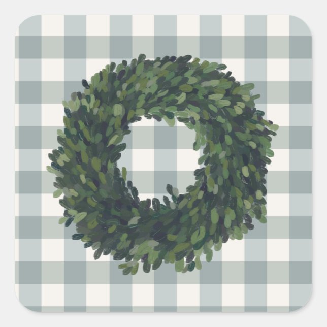 Plaid Boxwood Wreath Farmhouse Gingham Stylish Square Sticker (Front)