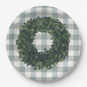 Plaid Boxwood Wreath Farmhouse Style Trendy Party Paper Plates