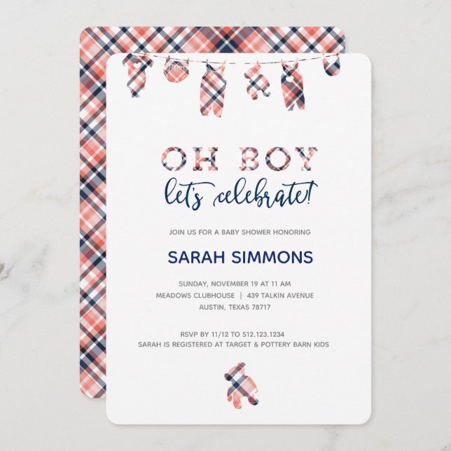Plaid Boy Clothesline Baby Shower Invitation (Front/Back)