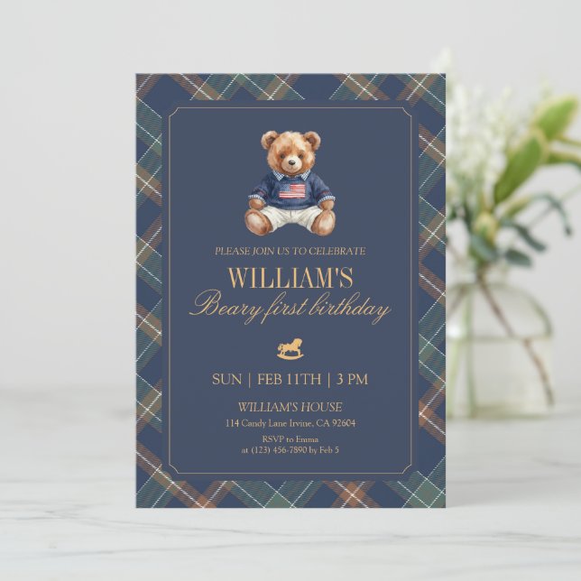 Plaid Boy Teddy Navy Tartan Bear 1st Birthday Invitation (Standing Front)