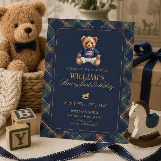 Plaid Boy Teddy Navy Tartan Bear 1st Birthday Invitation