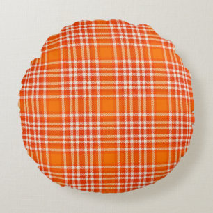 Plaid Bright Orange Round Throw Pillow