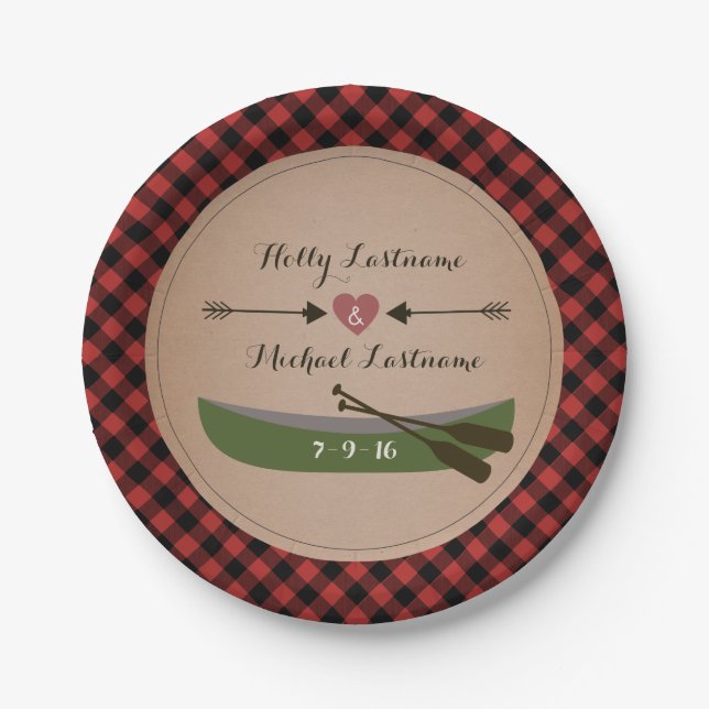 Plaid Canoe + Arrows Rustic Wedding Paper Plates (Front)