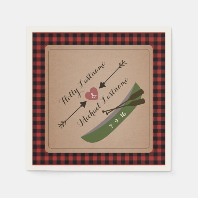 Plaid Canoe + Heart With Arrows Rustic Wedding Paper Napkins (Front)