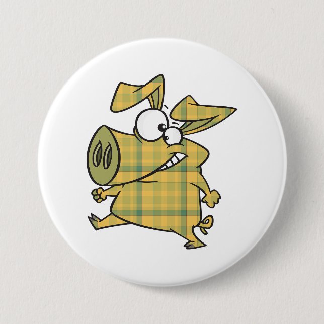 Plaid Cartoon Pig Funny Tartan Farm Animal Button (Front)
