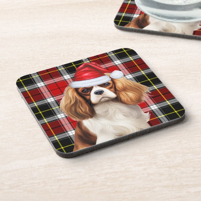 Plaid Cavalier King Charles Spaniel Santa Dog Beverage Coaster (Left Side)