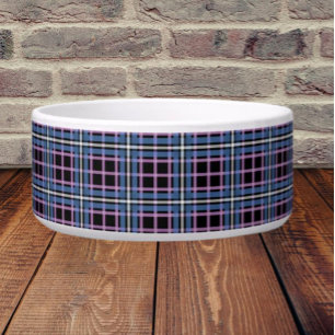 Plaid Ceramic Pet Bowl – Blue & Lavender Checkered