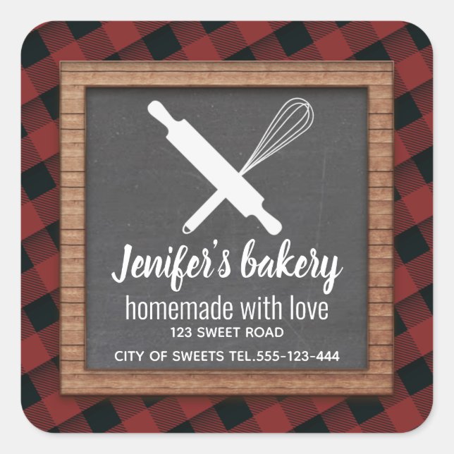 Plaid Chalkboard whisk rolling pin bakery Square S Square Sticker (Front)