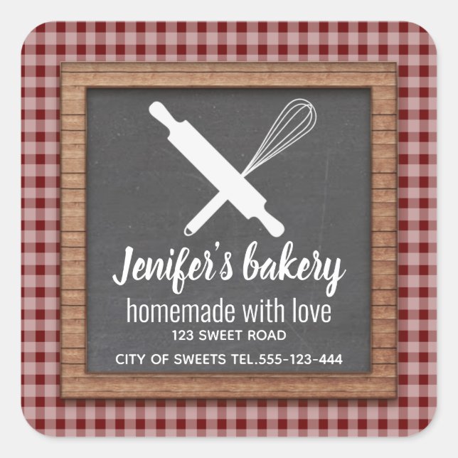Plaid Chalkboard whisk rolling pin bakery Square Sticker (Front)