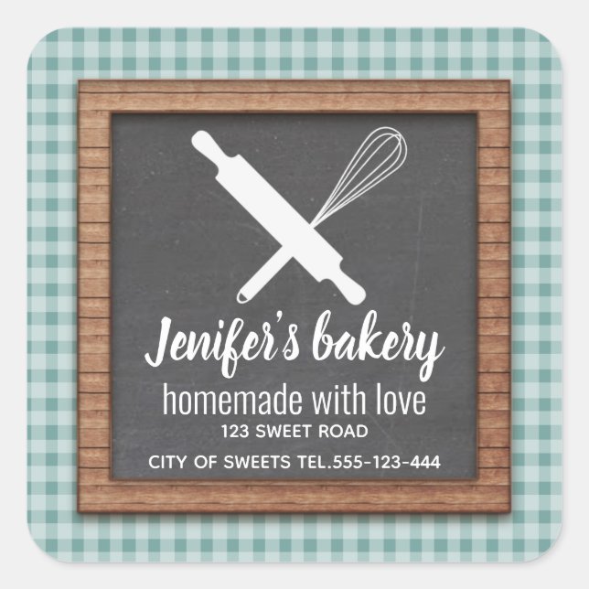 Plaid Chalkboard whisk rolling pin bakery Square Sticker (Front)