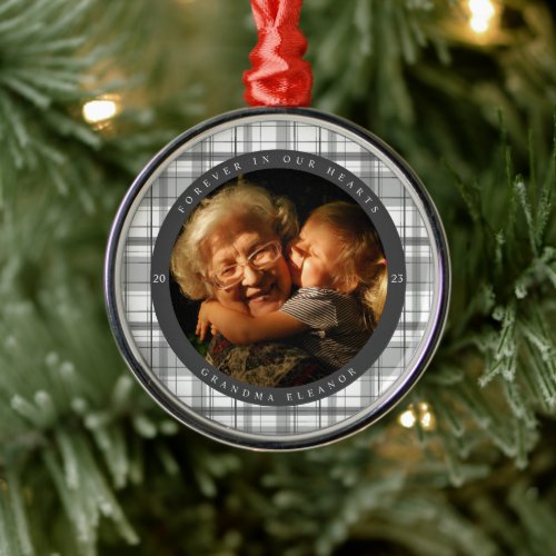 Plaid Charcoal Memorial Photo Metal Ornament