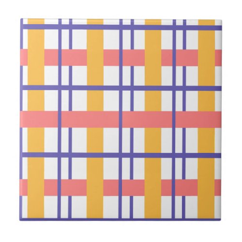 Plaid Check pattern Print Salmon Ocher Purple Ceramic Tile