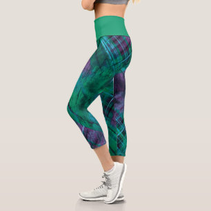 Plaid Check Purple Green Tartan Emerald Waistband Capri Leggings