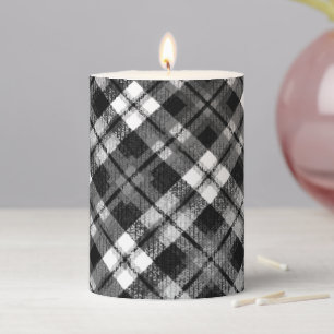 Plaid Check Tartan Black White Farmhouse Modern Pillar Candle