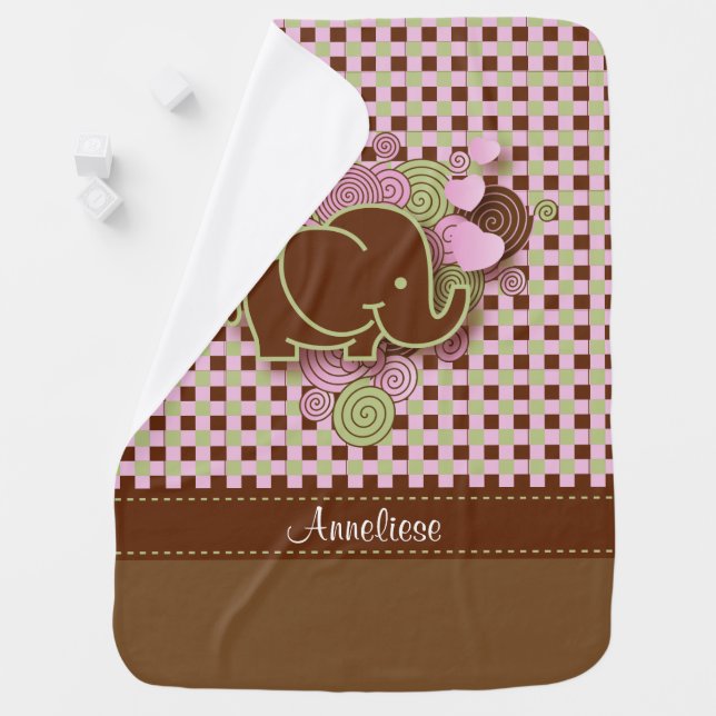 Plaid Checker Elephant Design | Pink Brown Green Receiving Blanket (In Situ)
